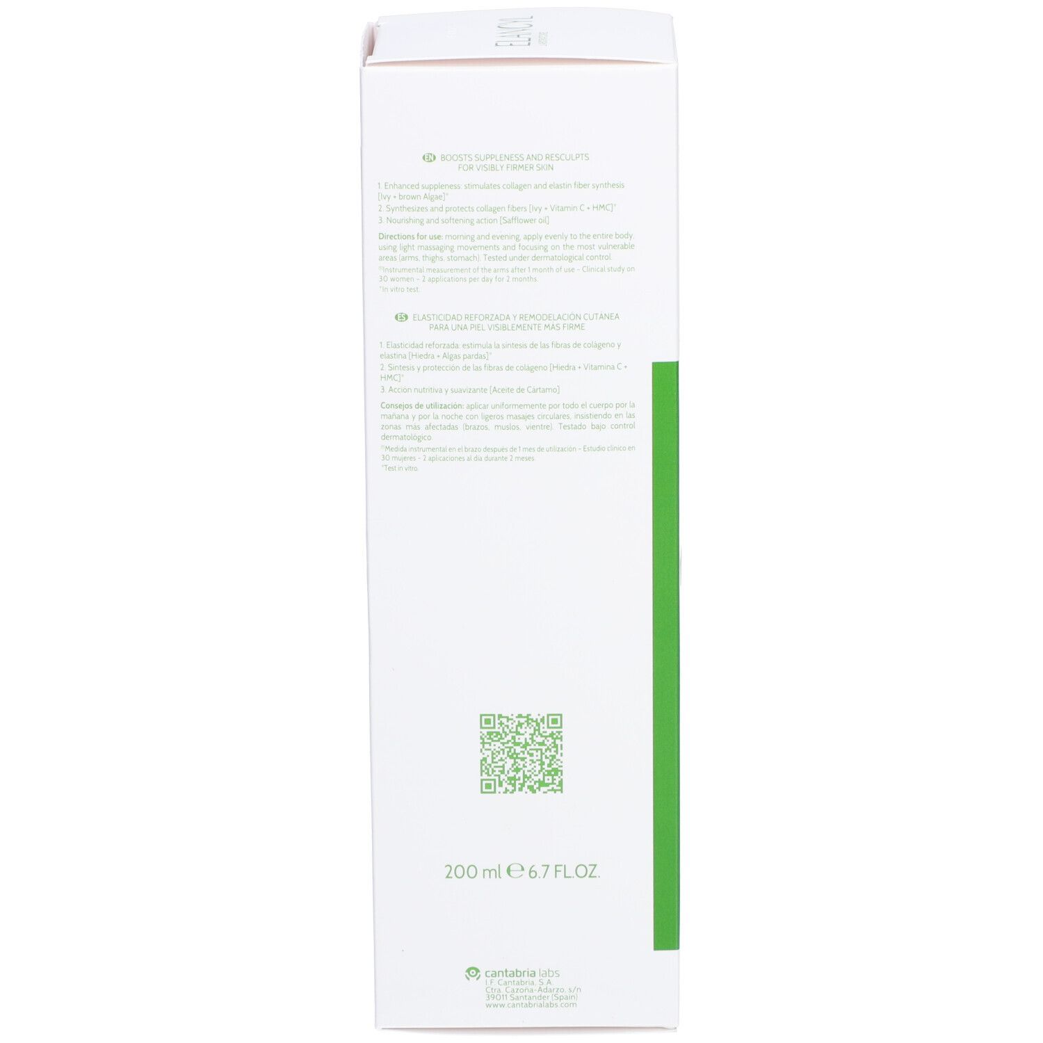 Dos de l'emballage carton. Texte multilingue. Code QR. Volume: 200 ml. Bande verte.