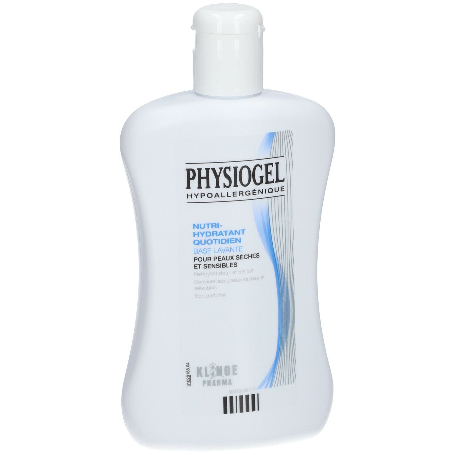 Flacon blanc avec bouchon rabattable. Inscription PHYSIOGEL, Nutri-Hydratant Quotidien, Base Lavante. Pour peaux sèches et sensibles.
