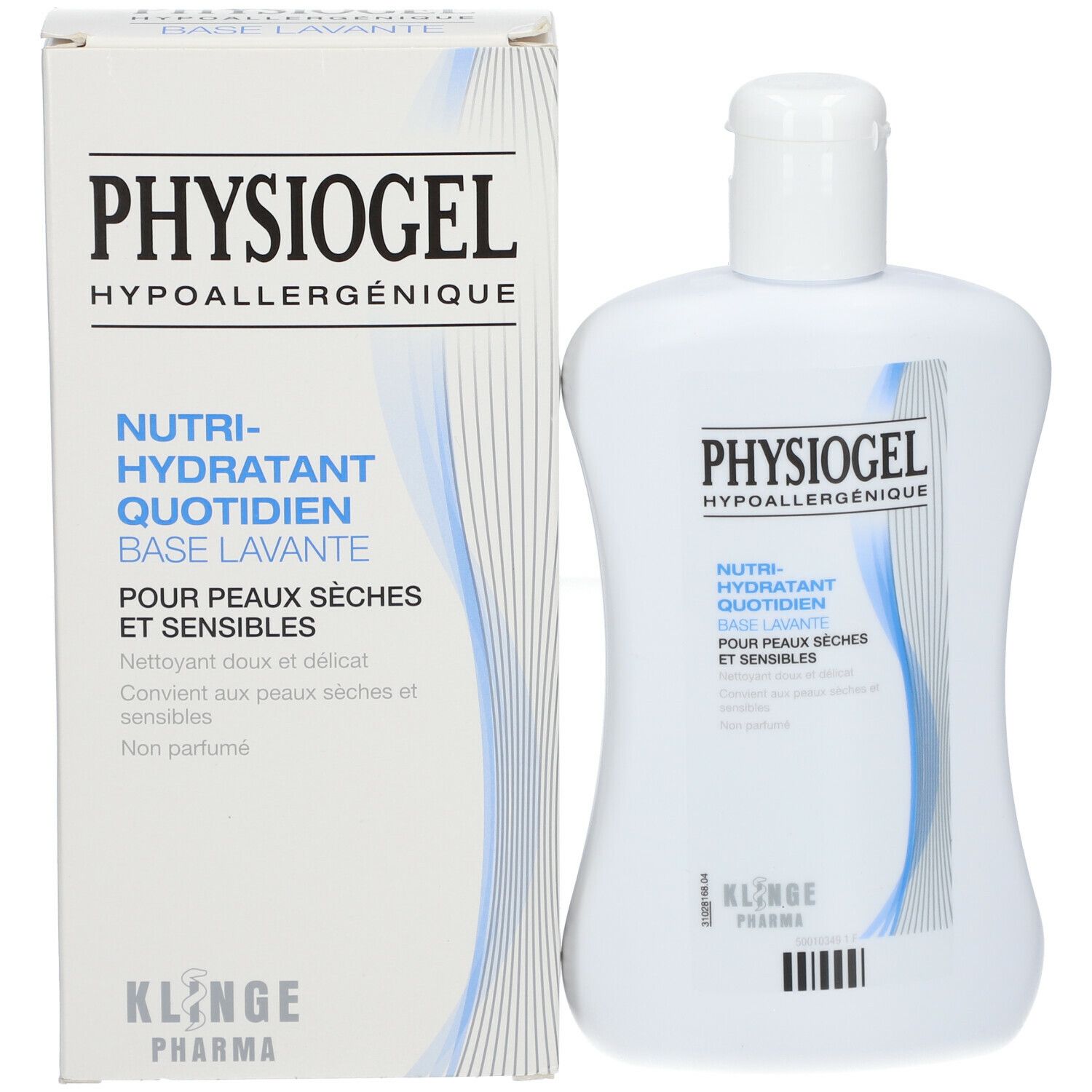 Emballage et flacon du produit. Inscription PHYSIOGEL, Nutri-Hydratant Quotidien, Base Lavante. Pour peaux sèches et sensibles.