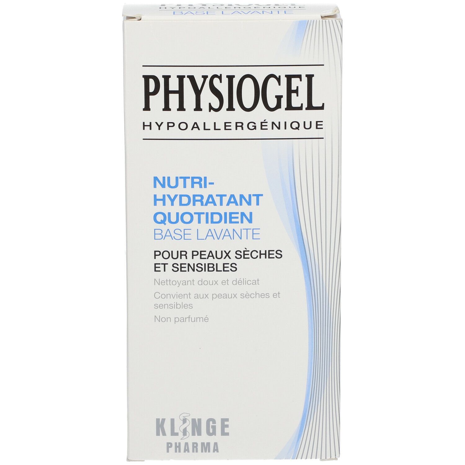 Emballage du produit. Inscription PHYSIOGEL, Nutri-Hydratant Quotidien, Base Lavante. Pour peaux sèches et sensibles.
