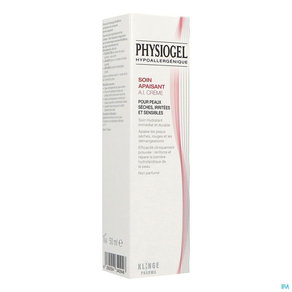 Emballage de Physiogel AI Crème. Boîte blanche avec informations et logo. 50 ml.