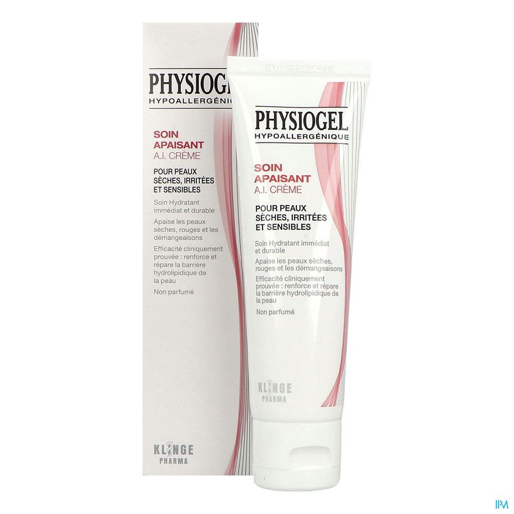 Tube et emballage de Physiogel AI Crème. Tube blanc, boîte avec logo et texte.