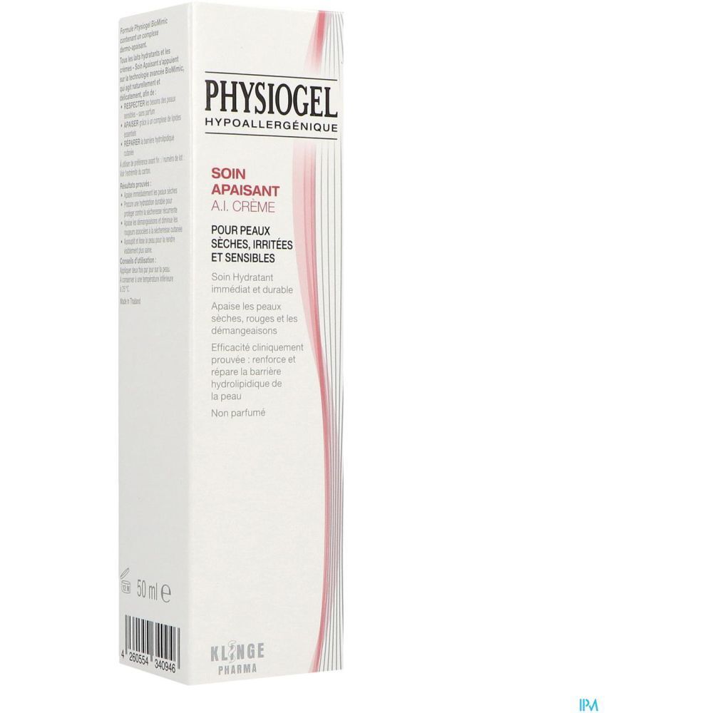 Emballage de Physiogel AI Crème. Boîte blanche avec informations et logo. 50 ml.