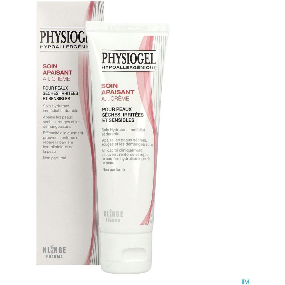 Tube et emballage de Physiogel AI Crème. Tube blanc, boîte avec logo et texte.