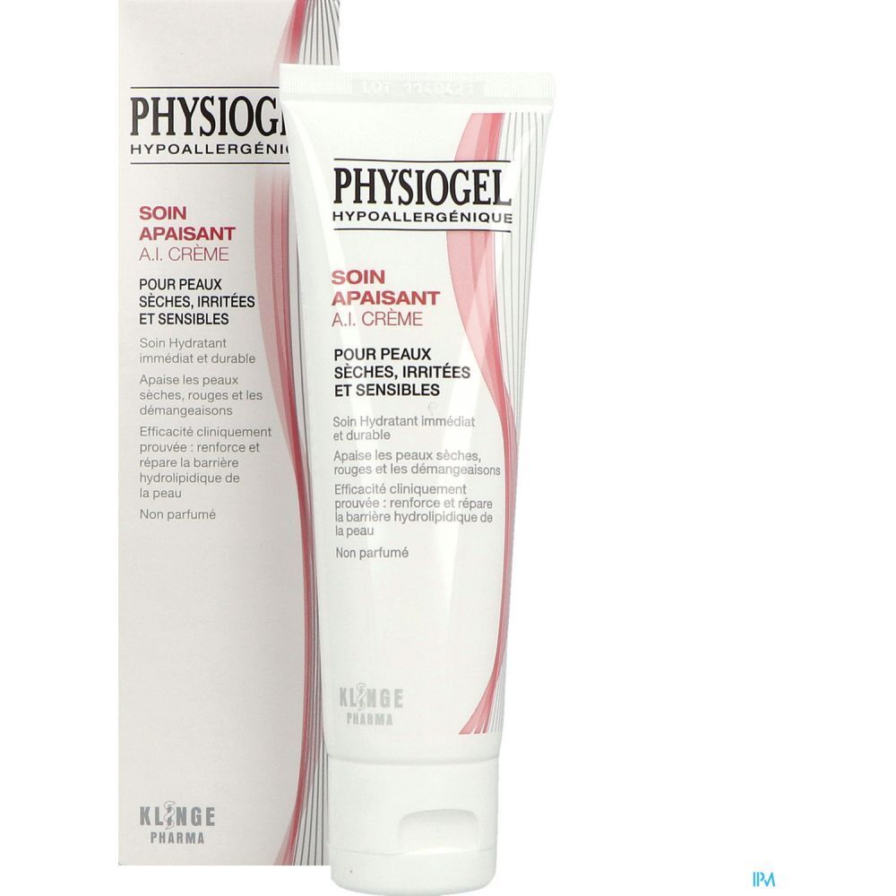 Tube et emballage de Physiogel AI Crème. Tube blanc, boîte avec logo et texte.