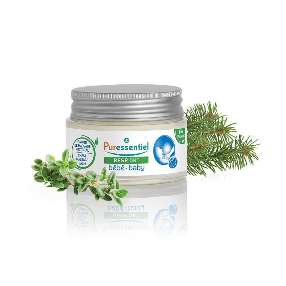 Pot en verre avec couvercle argenté, thym et branche de sapin. Inscription : Resp'OK bébé. Certification bio.