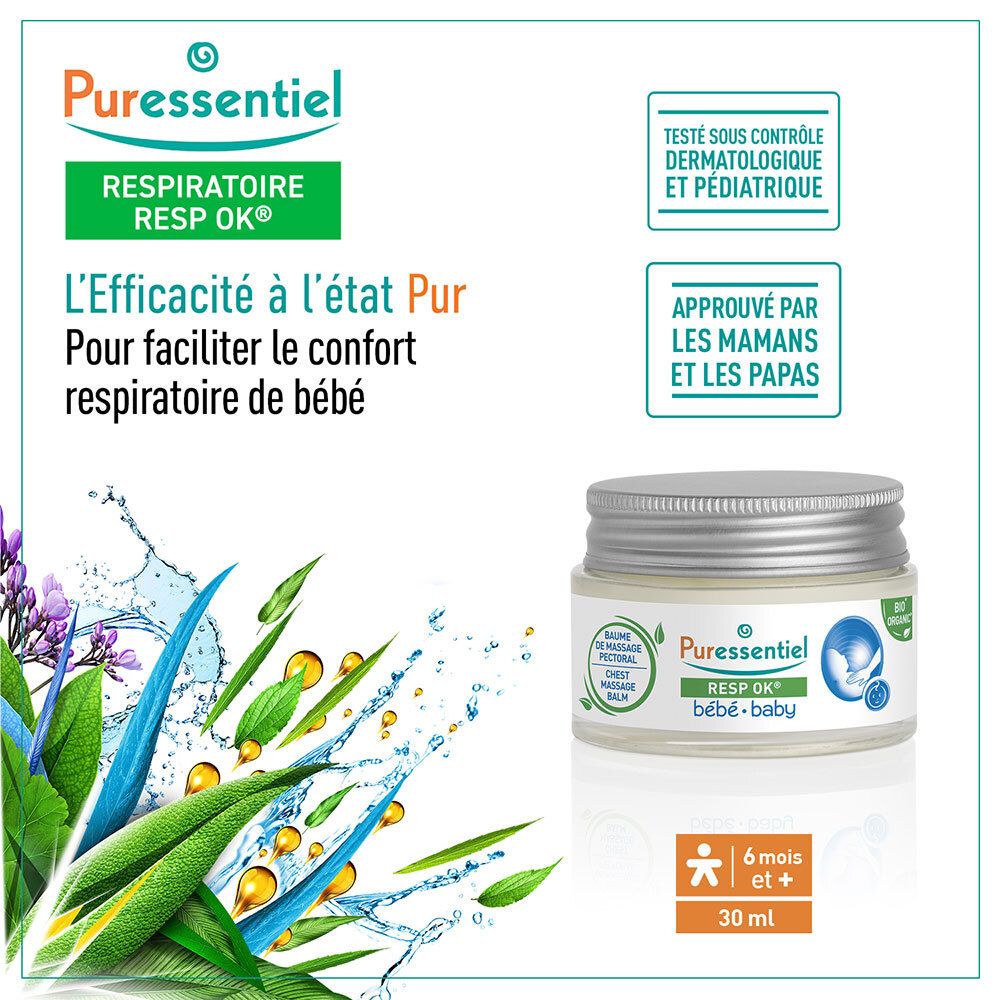 Pot en verre avec couvercle argenté et eau. Texte : Resp'OK bébé. 6 mois+. Testé dermatologiquement.