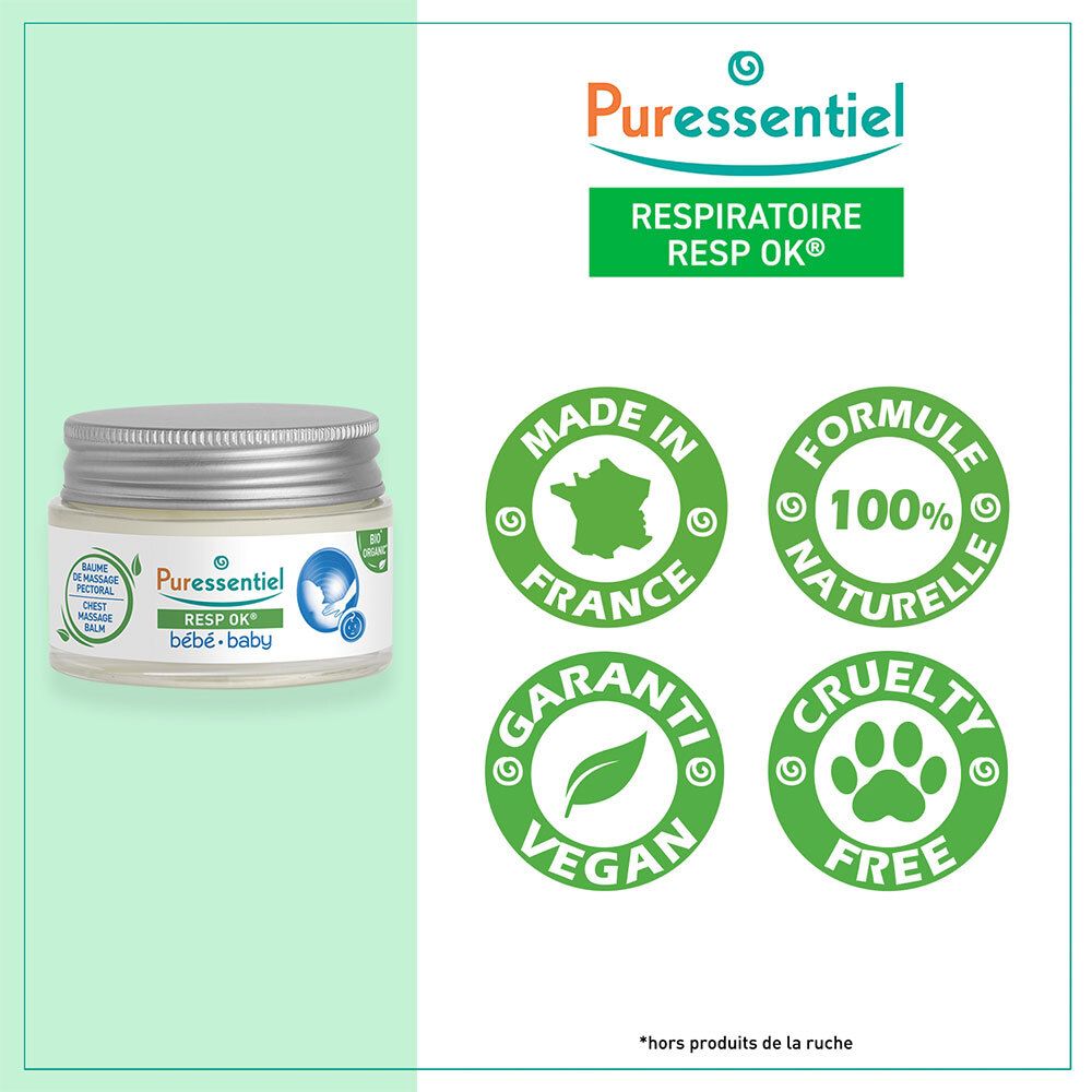 Pot en verre avec couvercle argenté. Texte : Resp'OK bébé. Labels : Fabriqué en France, 100% naturel, vegan, sans cruauté.