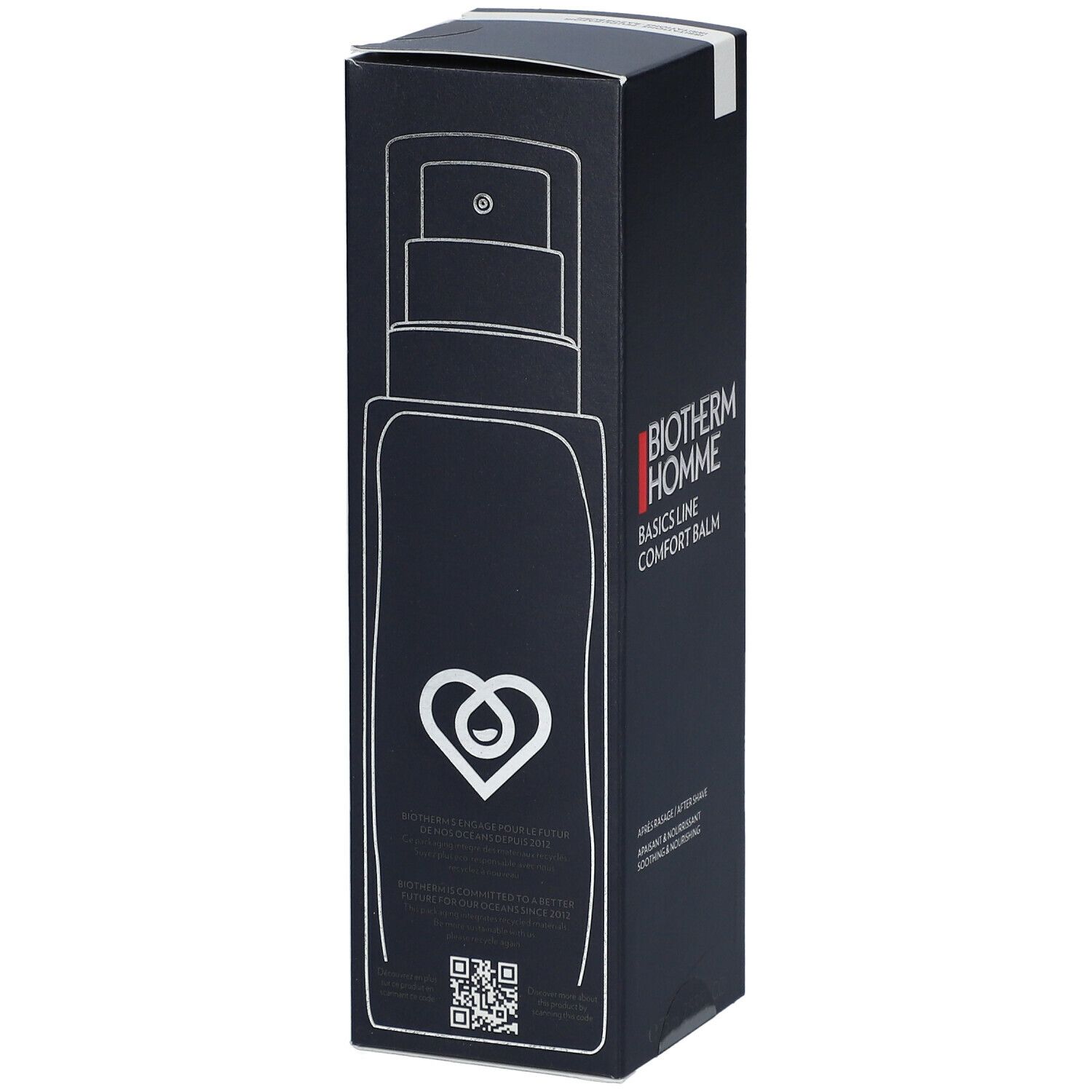 Dunkelblaue Schachtel mit BIOTHERM Homme Logo und Text. Abbildung einer Flasche. Herz-Symbol. QR-Code.