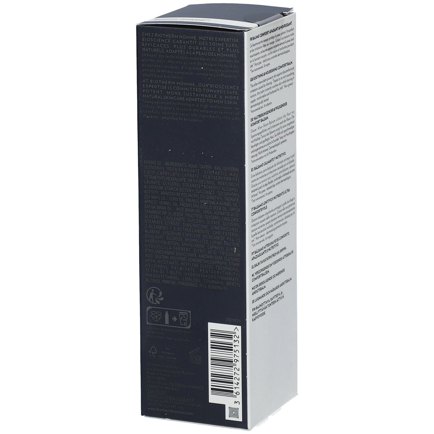 Seite der Schachtel mit Text. Barcode und Informationen. Dunkelblauer Hintergrund mit weißem Text.