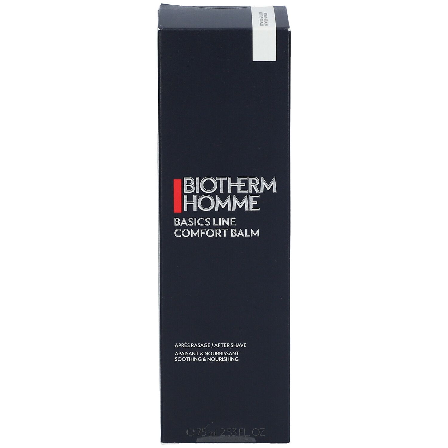 Dunkelblaue Schachtel mit BIOTHERM Homme Logo und Text. Enthält After Shave Balsam. Weißer Streifen oben.