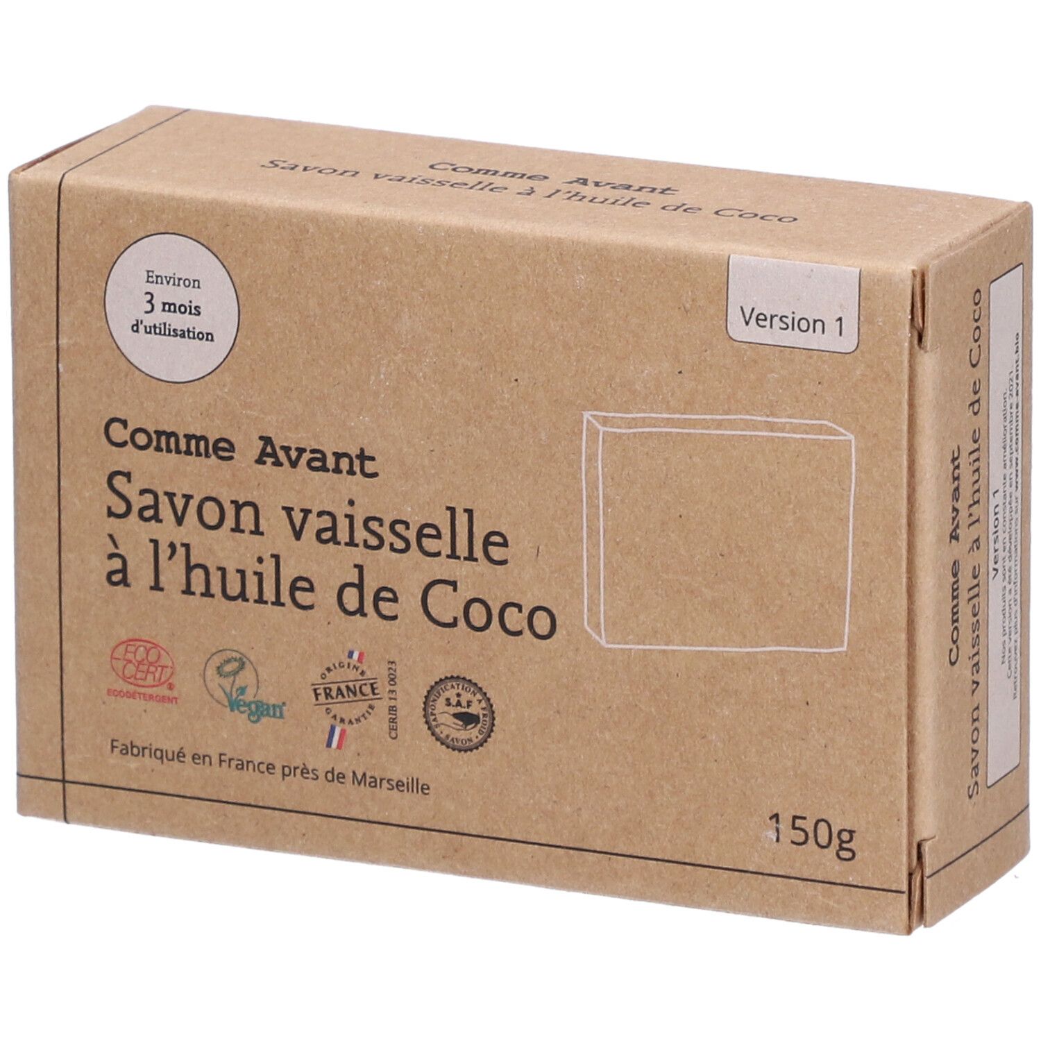 Kartonverpackung mit Aufschrift "Comme Avant Savon vaisselle à l'huile de Coco". Enthält Logos und Text.