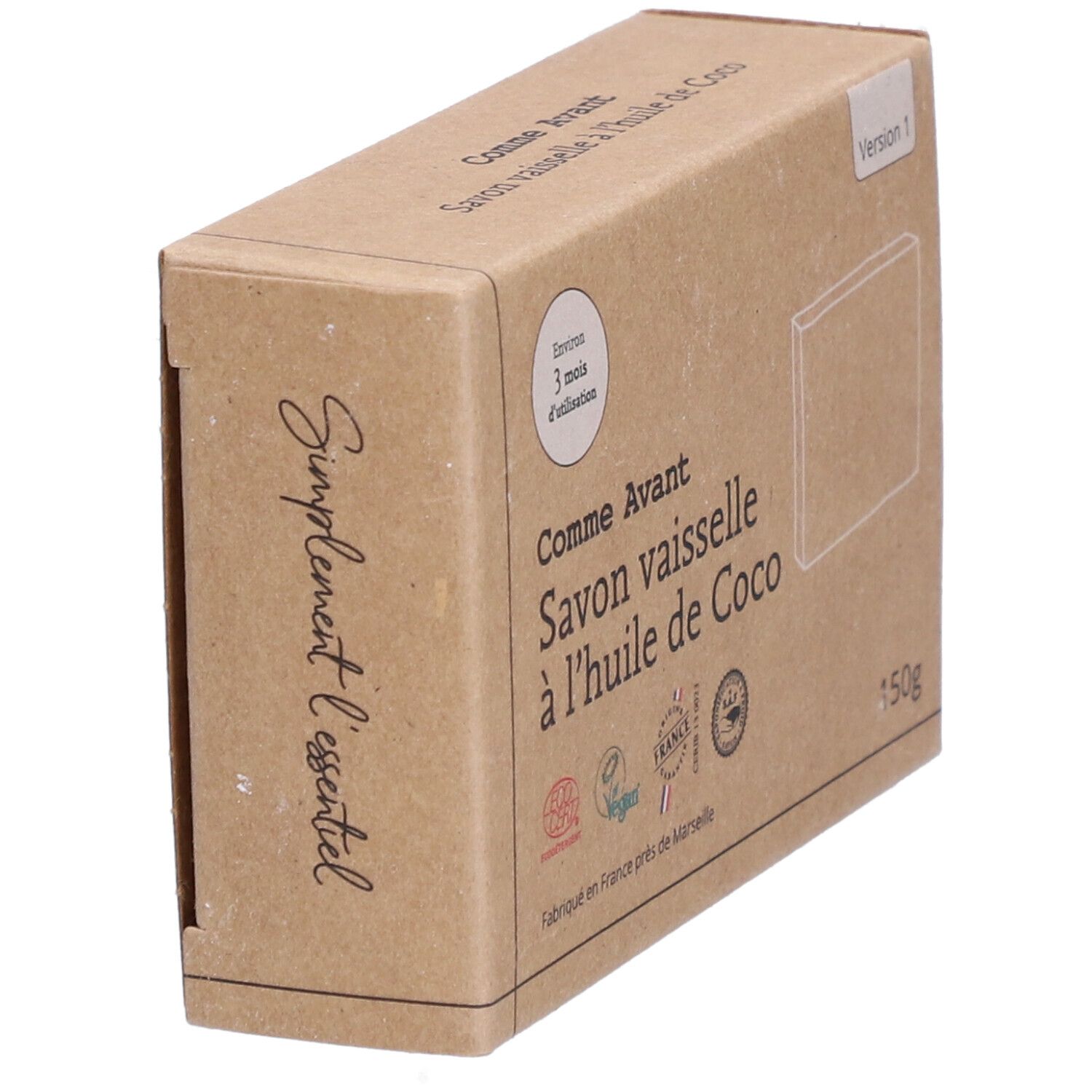 Kartonverpackung "Comme Avant Savon vaisselle à l'huile de Coco". Text und Logos. "Version 1" und "150g" sichtbar.