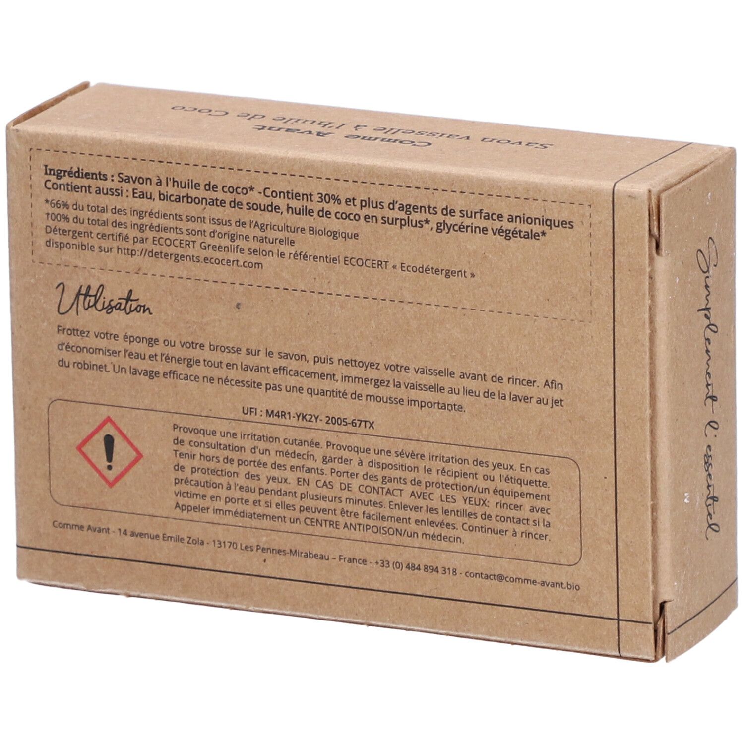 Rückseite der Kartonverpackung. Text über Inhaltsstoffe und Anwendung. Warnhinweis mit Ausrufezeichen.