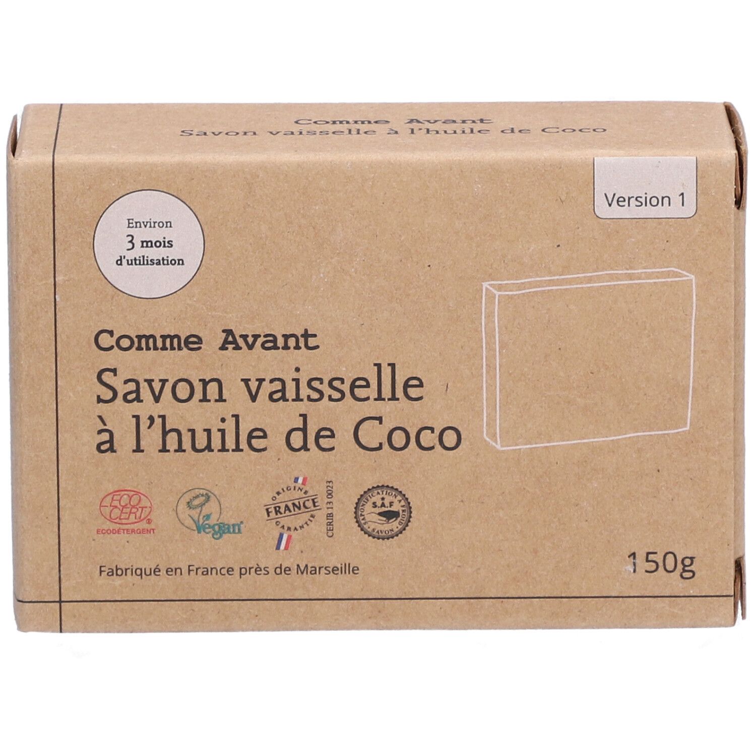 Kartonverpackung "Comme Avant Savon vaisselle à l'huile de Coco". Logos, Text und "150g". "Version 1" sichtbar.