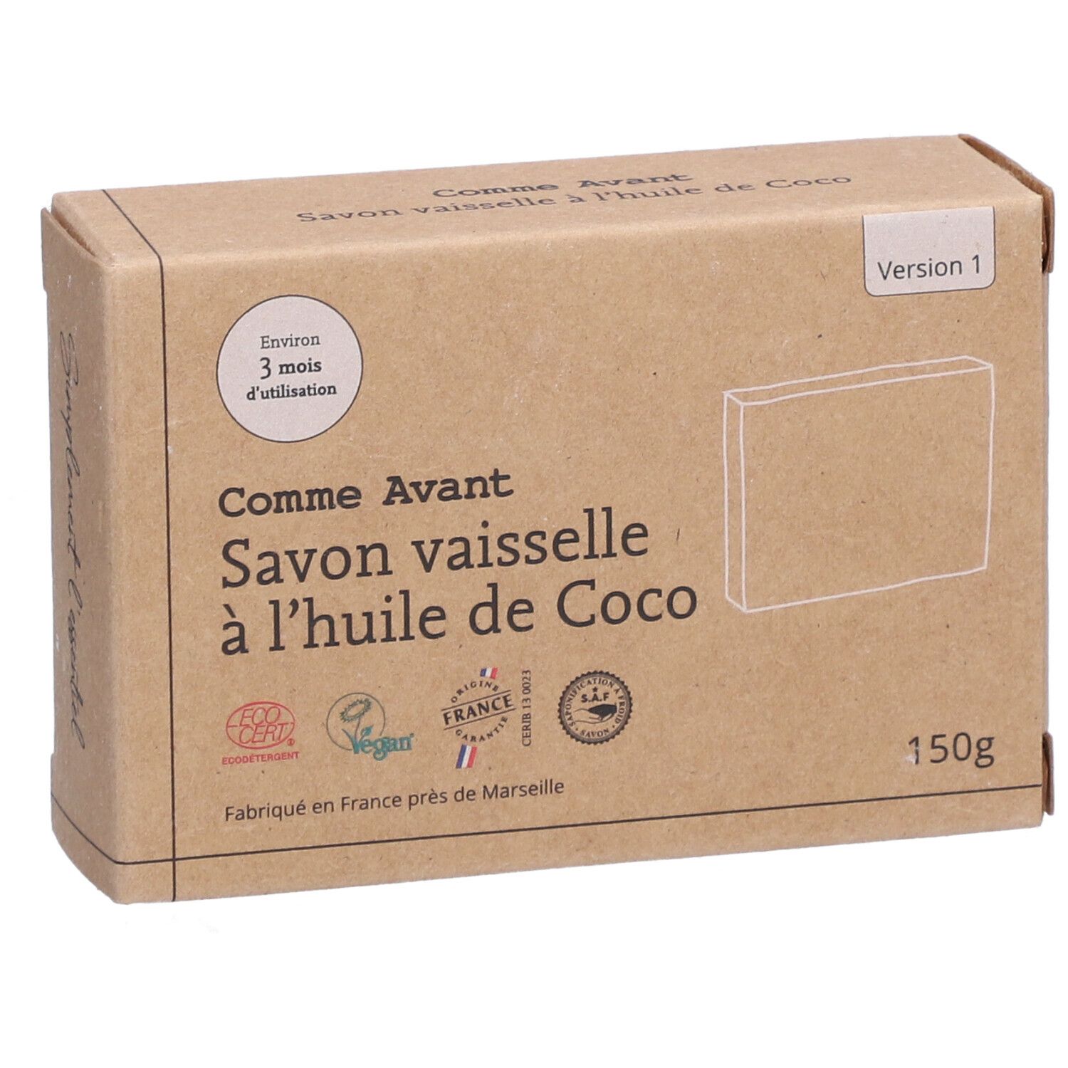 Kartonverpackung "Comme Avant Savon vaisselle à l'huile de Coco". Logos, Text und "150g". "Version 1" sichtbar.