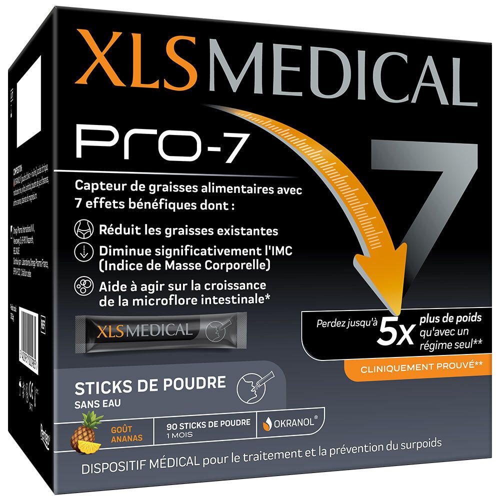 Boîte XLS Medical Pro-7. Boîte noire avec informations produit. Inscription : Pro-7, 90 sticks, Okranol, cliniquement prouvé.
