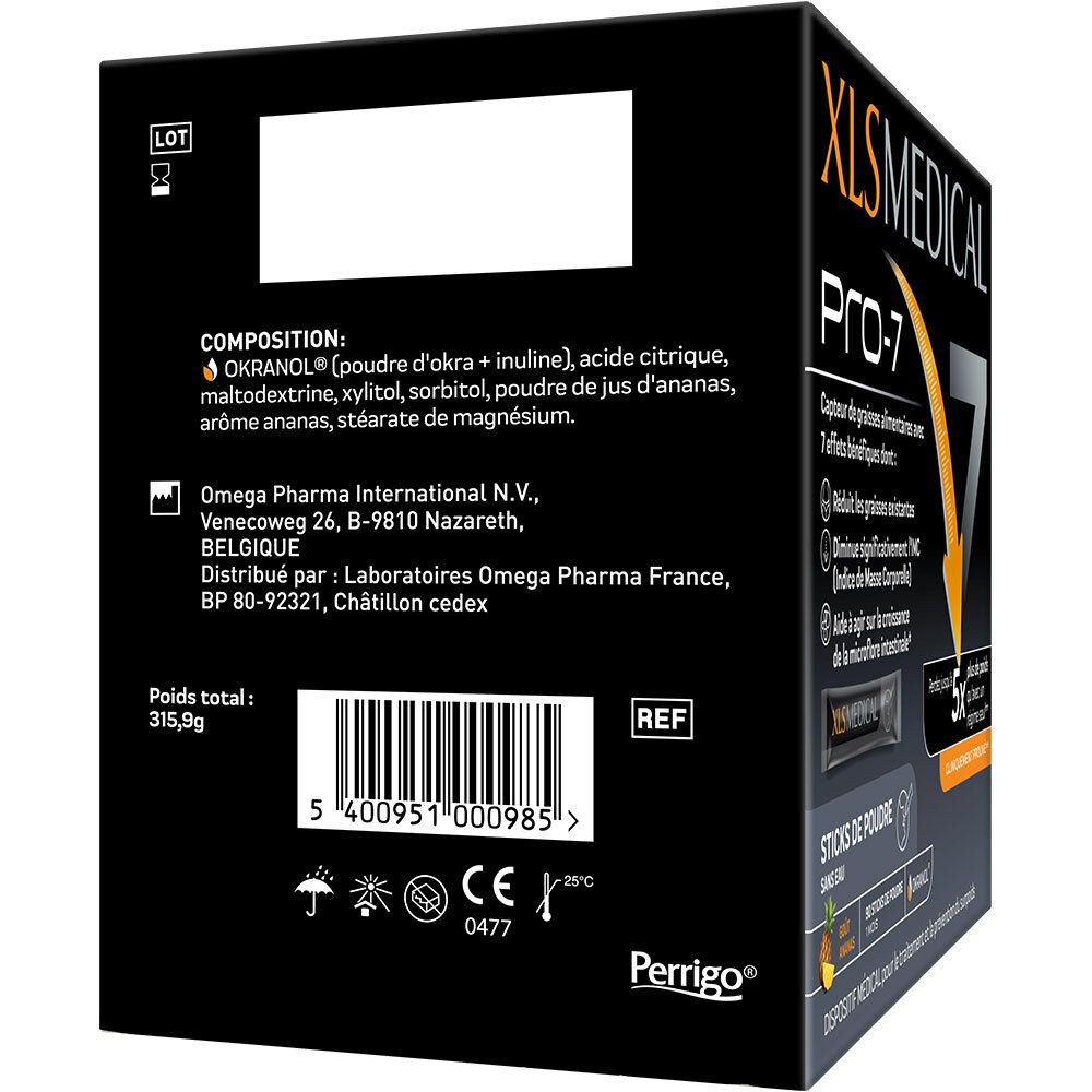 Dos de la boîte XLS Medical Pro-7. Boîte noire avec ingrédients, adresse fabricant et marquage CE.