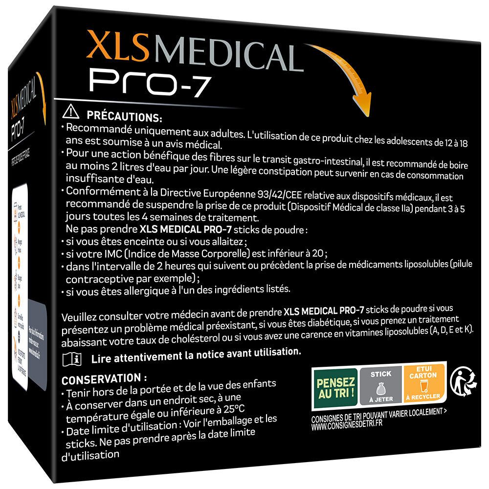 Boîte XLS Medical Pro-7. Boîte noire avec précautions et instructions d'utilisation. Texte en français.