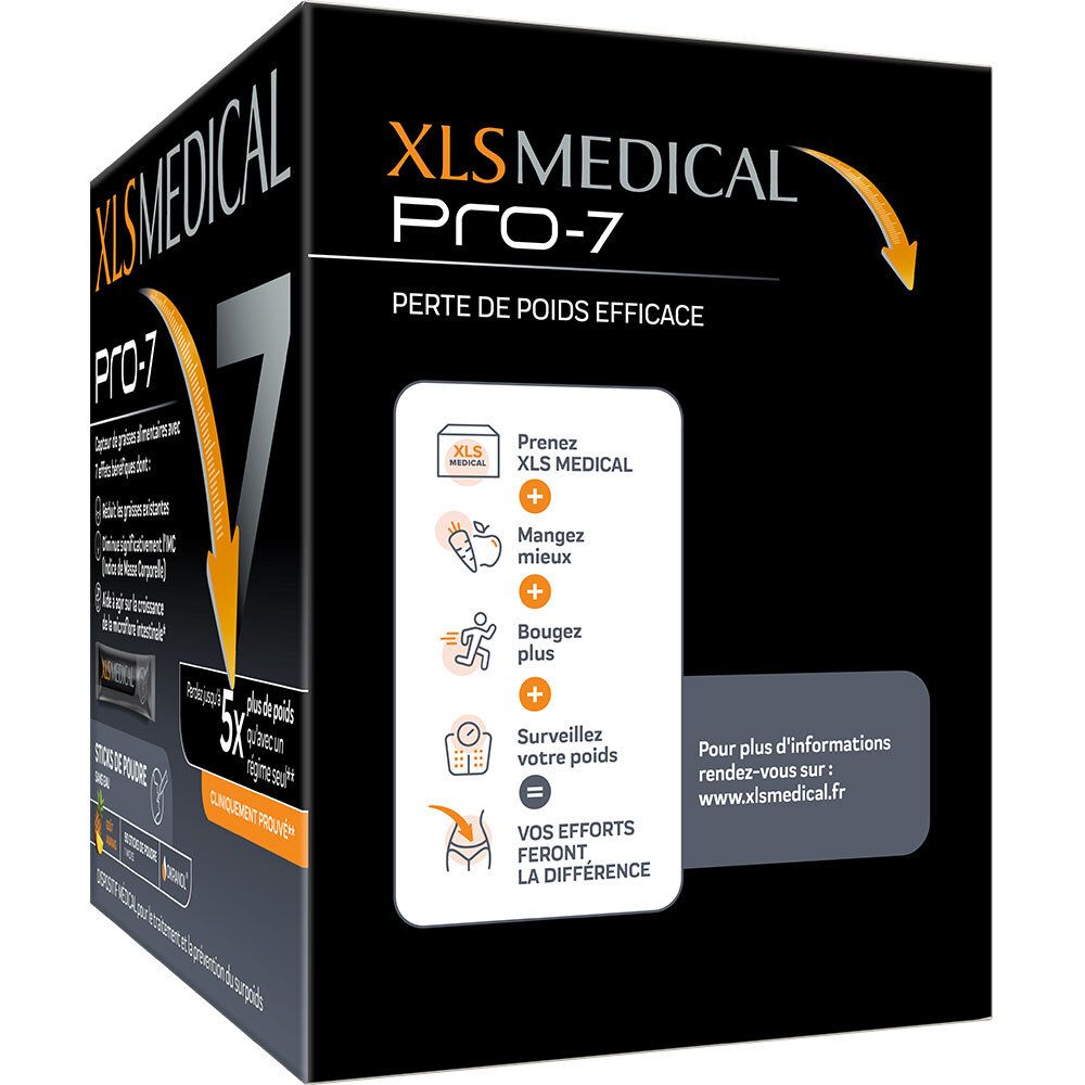 Boîte XLS Medical Pro-7. Boîte noire avec informations produit et illustrations. Texte : Perte de poids efficace.