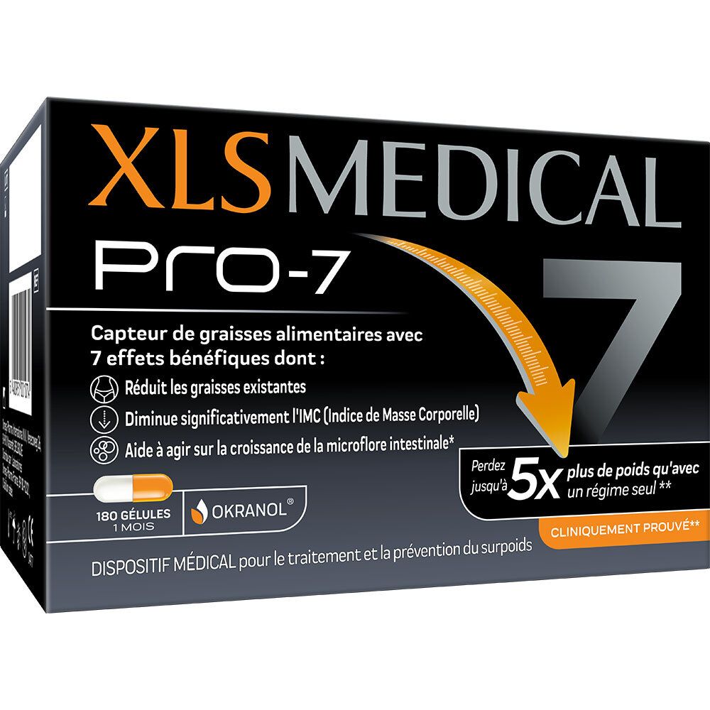 Boîte noire XLS Medical Pro-7. Texte : Capteur de graisses avec 7 avantages, réduit les graisses, réduit l'IMC.