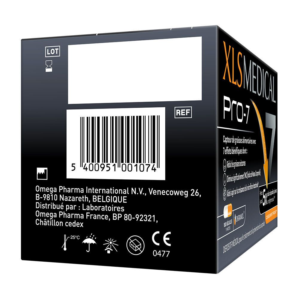 Dos de la boîte XLS Medical Pro-7. Code-barres, adresse du fabricant, marquage CE, avertissements.