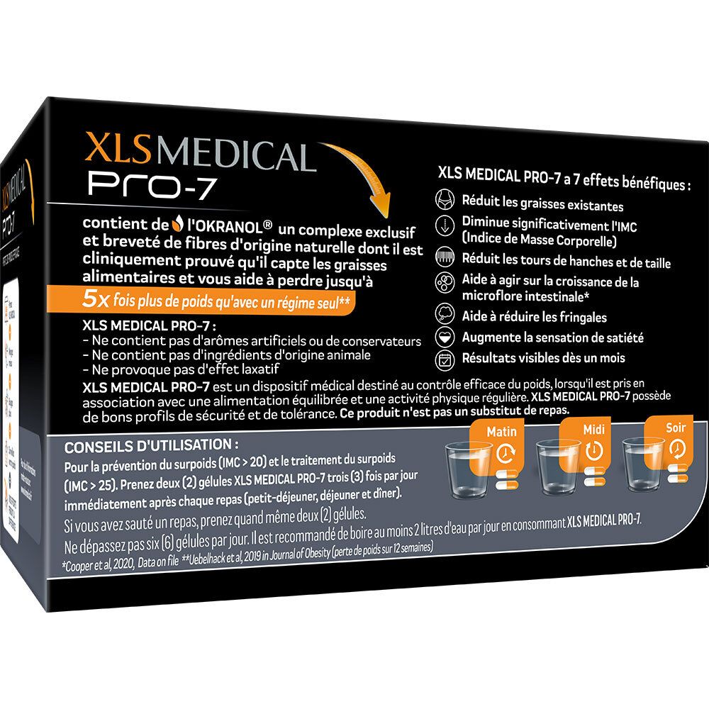Dos de la boîte XLS Medical Pro-7. Mode d'emploi, dosage, ingrédients, conseils d'utilisation.