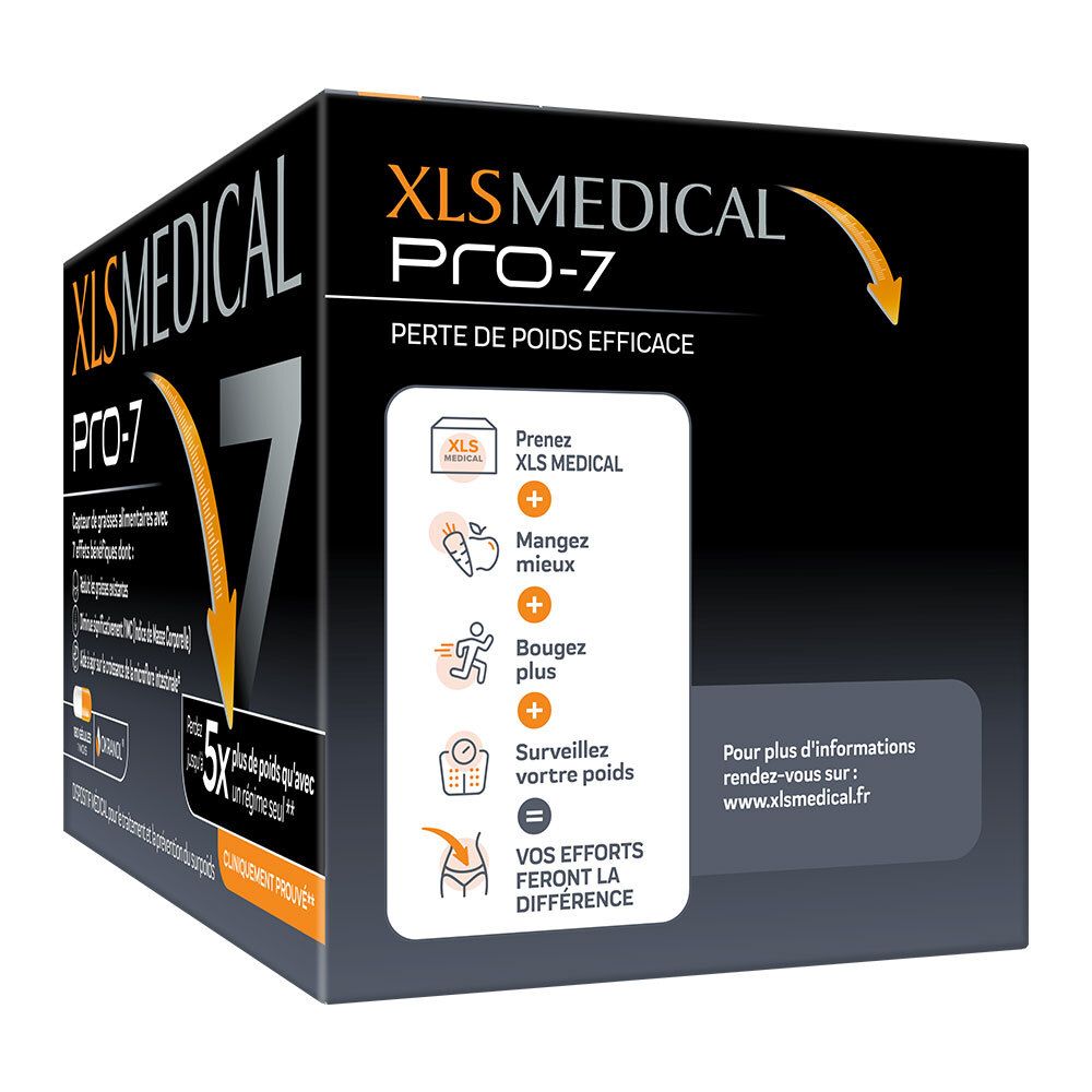 Boîte XLS Medical Pro-7. Texte : Perte de poids efficace, mangez plus, bougez, surveillez votre poids.