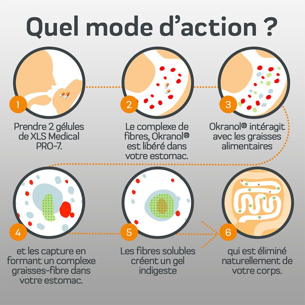 Graphique : Comment agit XLS Medical Pro-7. 6 étapes : prise, libération, interaction, formation, gel, élimination.