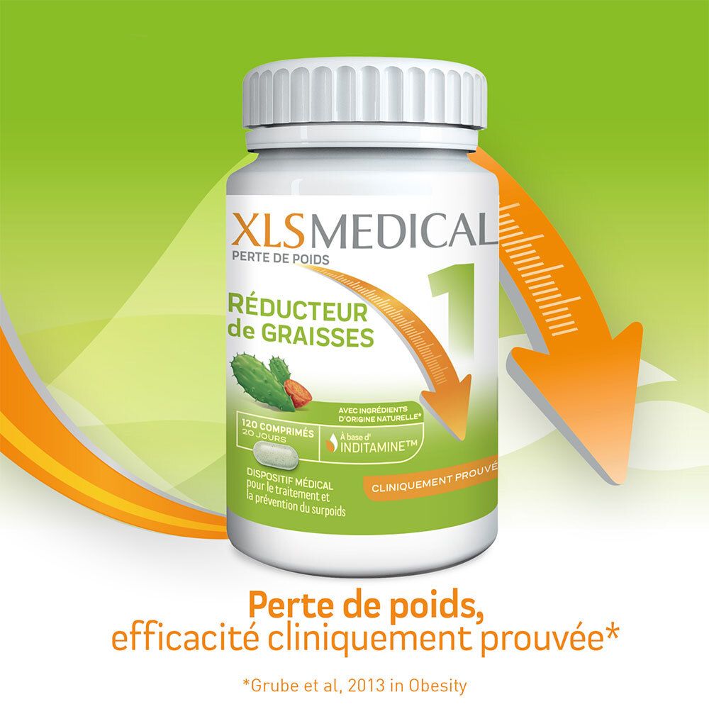 Flacon blanc XLS Medical. Inscription: Réducteur de Graisses. Flèche vers le bas. Texte: Perte de poids, efficacité cliniquement prouvée.