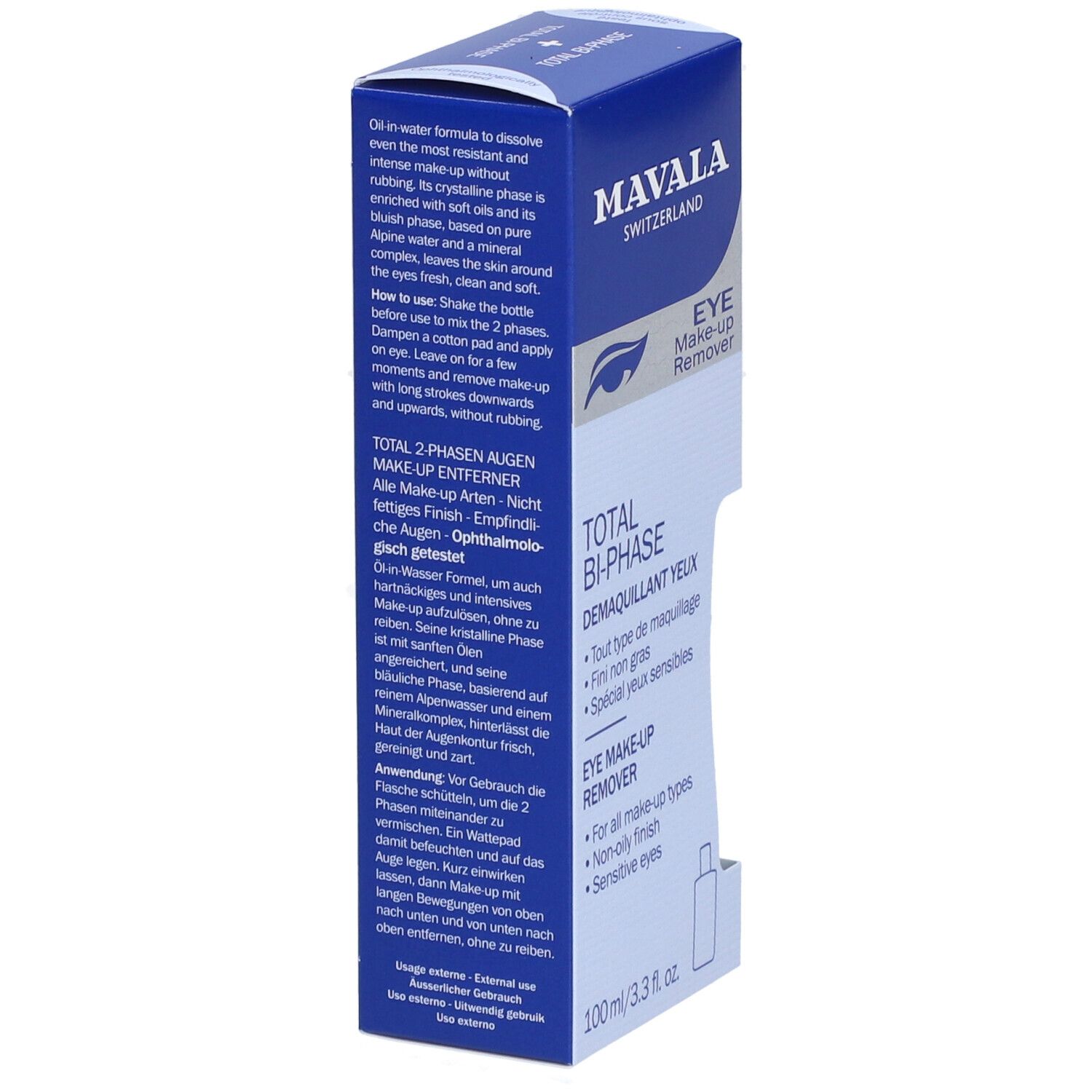 Boîte bleue, texte: MAVALA, EYE Make-up Remover, TOTAL BI-PHASE. Dos avec texte et flacon.