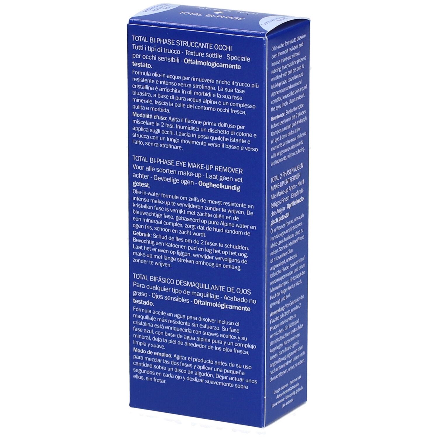 Boîte bleue, texte: TOTAL BI-PHASE, EYE Make-up Remover. Texte multilingue. Flacon illustré.