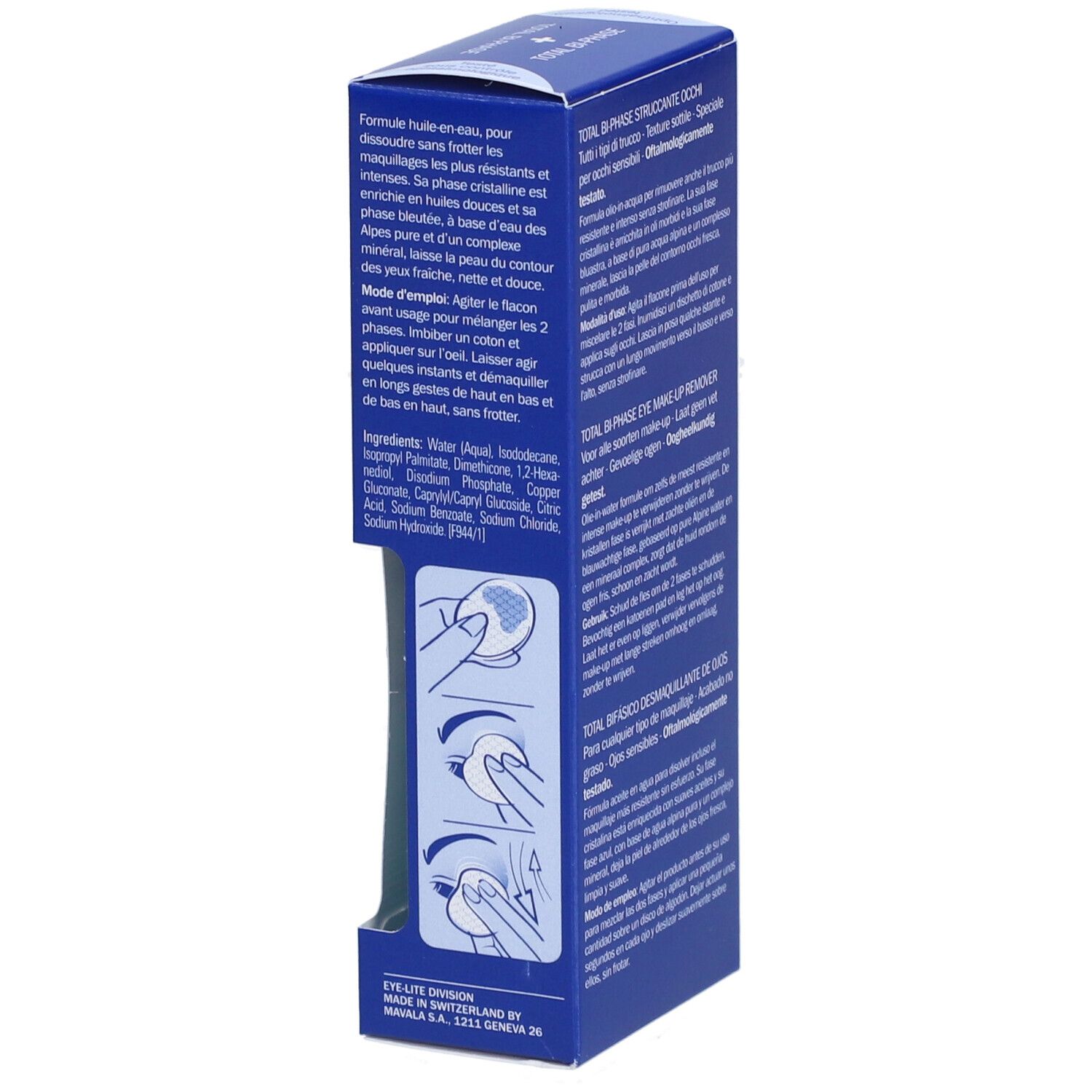 Boîte bleue, texte: TOTAL BI-PHASE, EYE Make-up Remover. Ingrédients et instructions d'utilisation.
