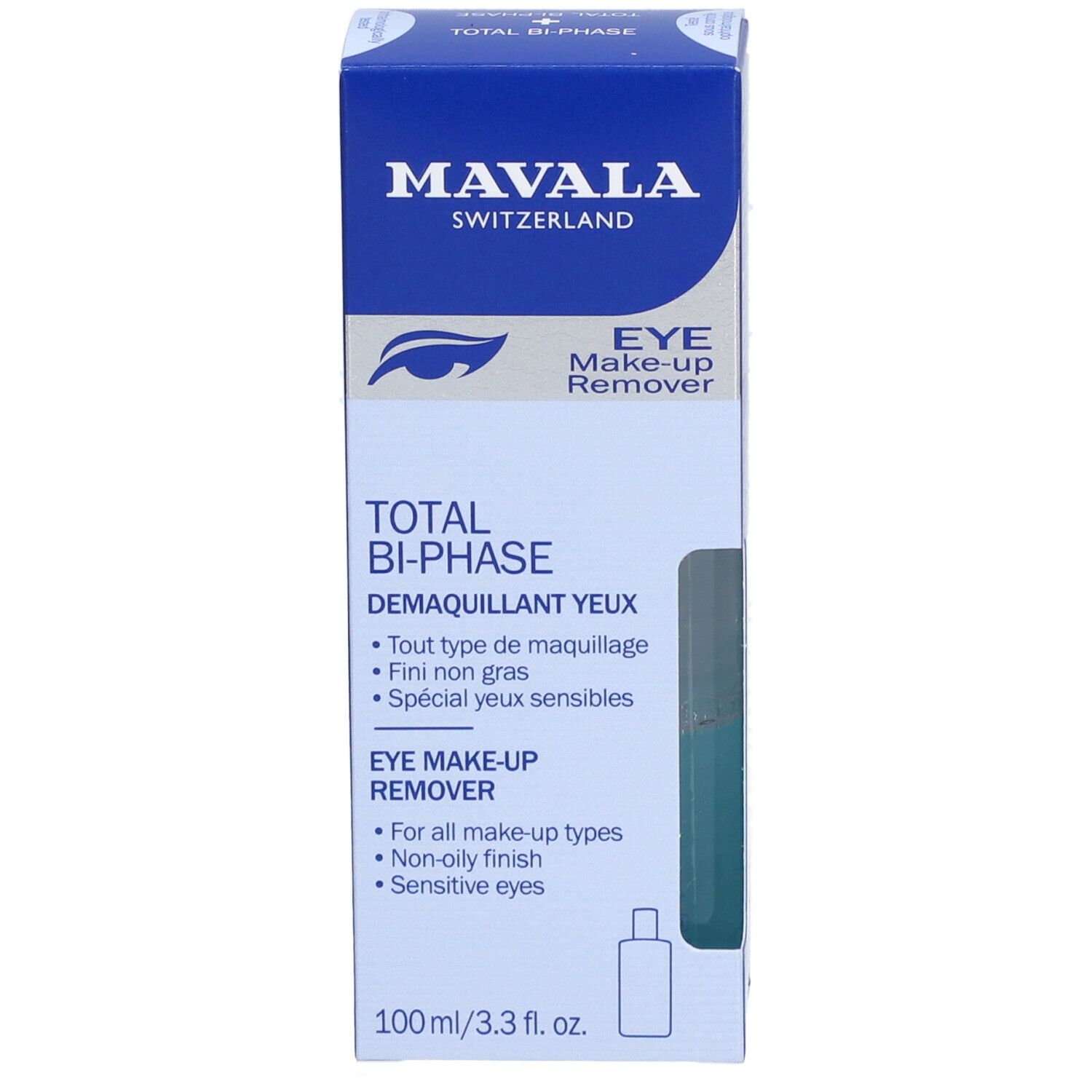 Boîte bleue, texte: MAVALA, EYE Make-up Remover, TOTAL BI-PHASE. Flacon visible.