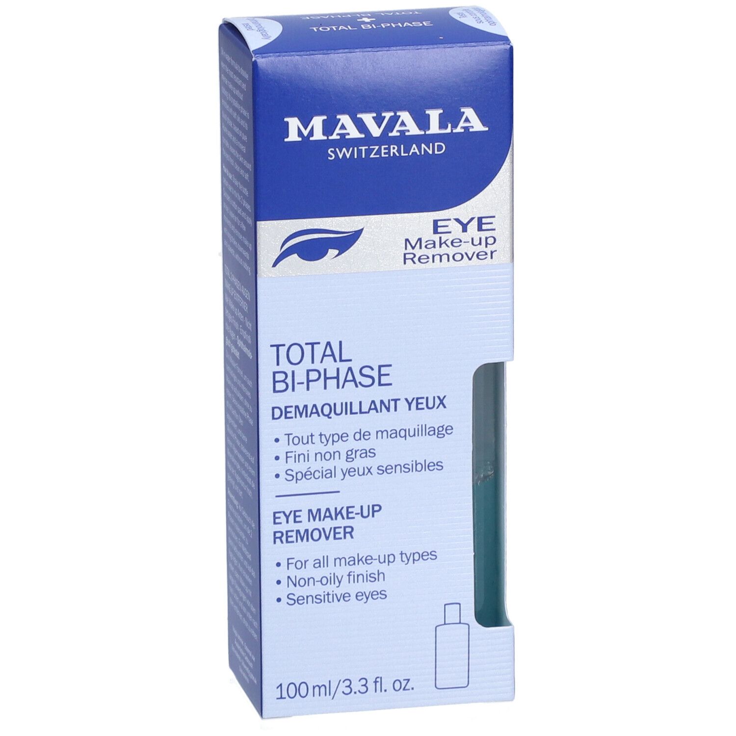 Boîte bleue, texte: MAVALA, EYE Make-up Remover, TOTAL BI-PHASE. Flacon visible.