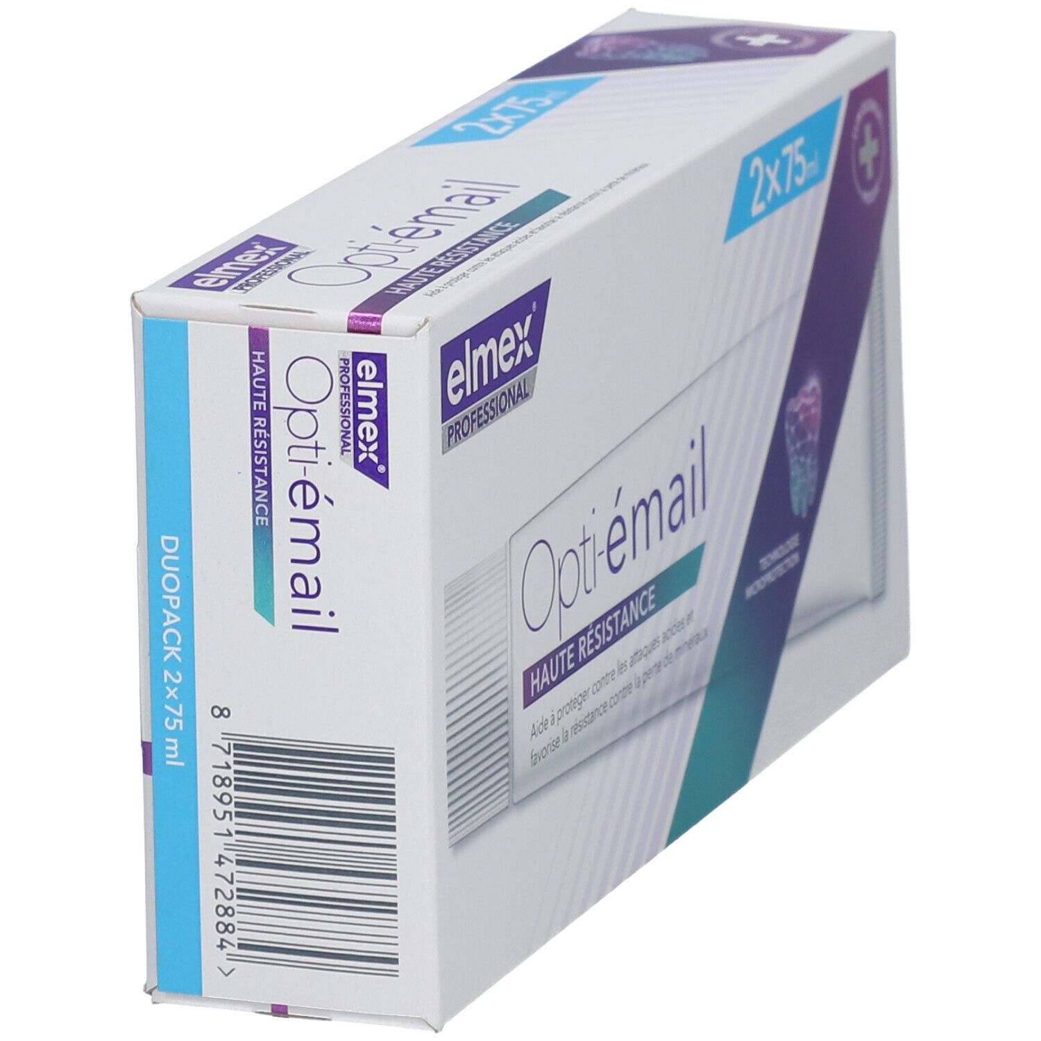 Zahnpasta-Doppelpackung, weiß mit blau-lila Akzenten. Aufschrift: Opti-émail, 2x75ml. Marke: elmex PROFESSIONAL.