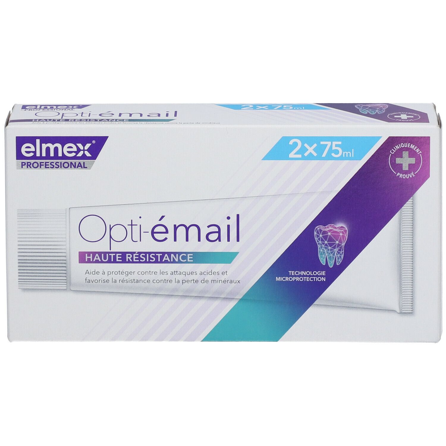 Zahnpasta-Verpackung, weiß mit blau-lila Akzenten. Aufschrift: Opti-émail, 2x75ml. Marke: elmex PROFESSIONAL. Klinisch geprüft.