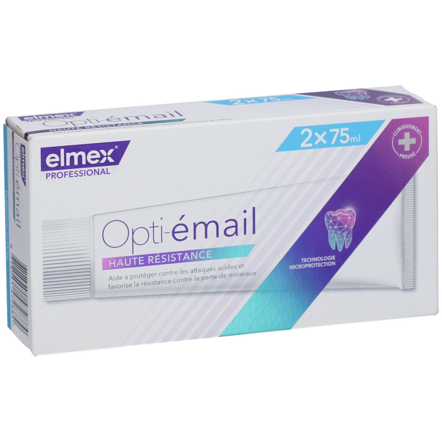 Zahnpasta-Verpackung, weiß mit blau-lila Akzenten. Aufschrift: Opti-émail, 2x75ml. Marke: elmex PROFESSIONAL. Klinisch geprüft.