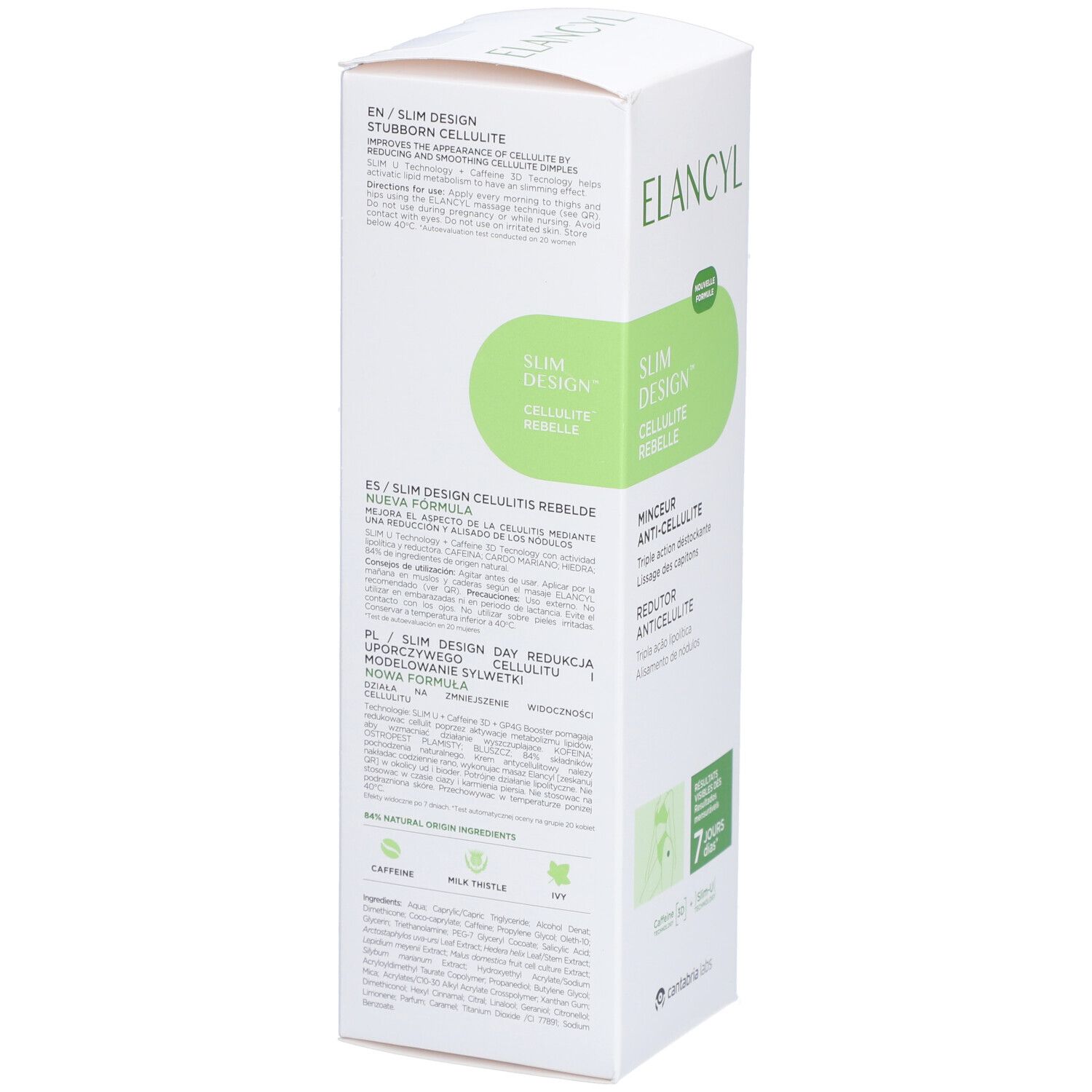 Weißer Karton mit Text in verschiedenen Sprachen. Aufschrift ELANCYL, Slim Design Cellulite Rebelle. Text: Stubborn Cellulite.