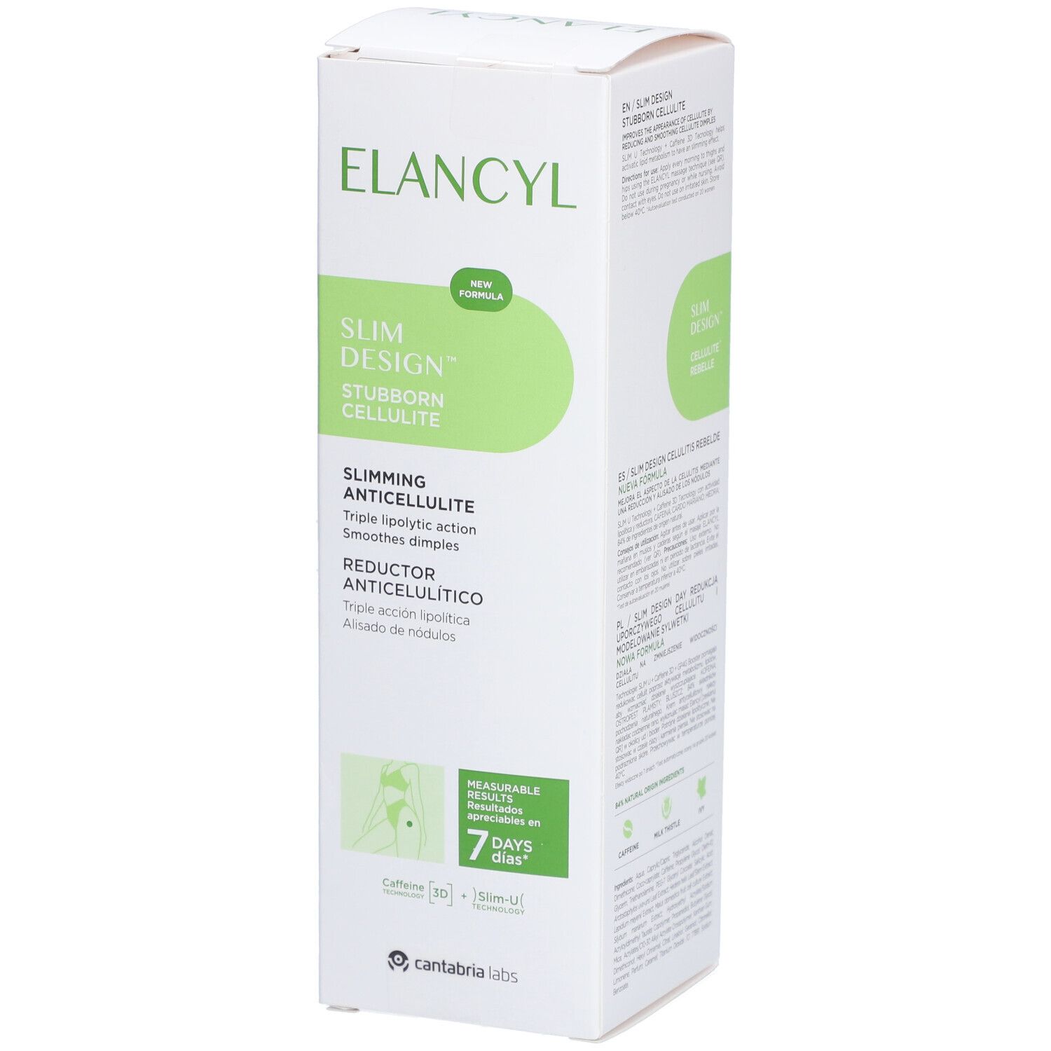 Weißer Karton mit grünen Akzenten. Aufschrift ELANCYL, Slim Design Cellulite Rebelle. Text: Slimming Anticellulite, Reductor Anticellulítico.