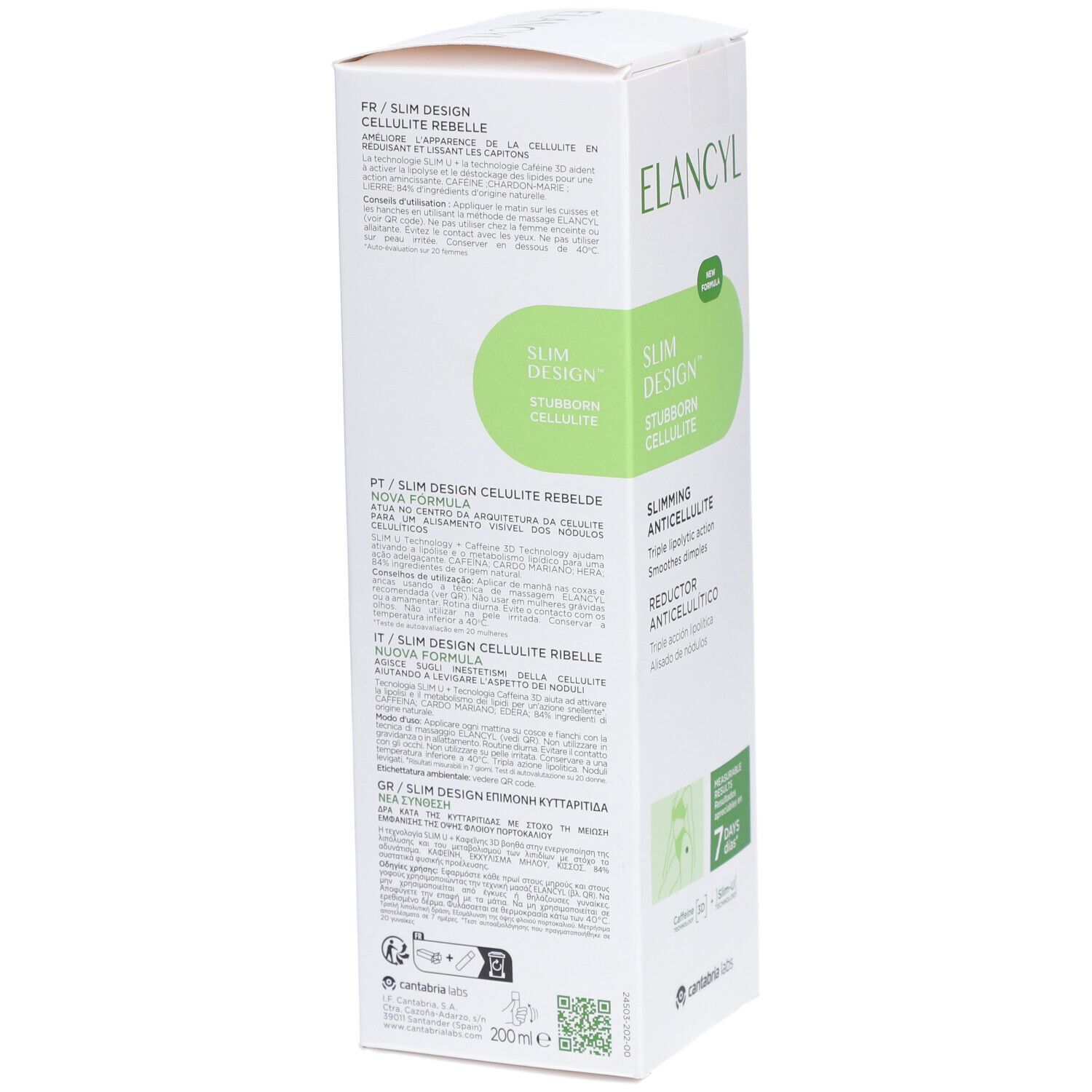 Weißer Karton mit Text in verschiedenen Sprachen. Aufschrift ELANCYL, Slim Design Cellulite Rebelle. Text: Slimming Anticellulite, Reductor Anticellulítico.