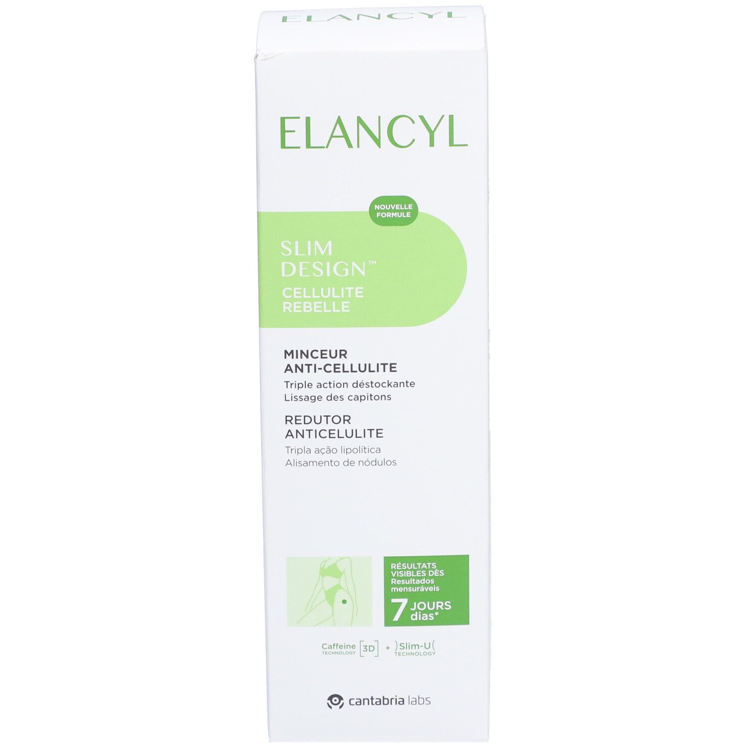 Weißer Karton mit grünen Akzenten. Aufschrift ELANCYL, Slim Design Cellulite Rebelle. Text: Minceur Anti-Cellulite, Redutor Anticellulite.