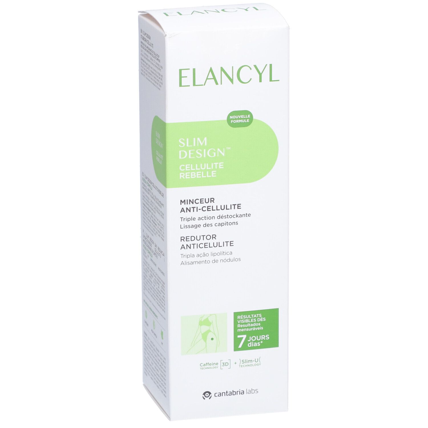 Weißer Karton mit grünen Akzenten. Aufschrift ELANCYL, Slim Design Cellulite Rebelle. Text: Minceur Anti-Cellulite, Redutor Anticellulite.
