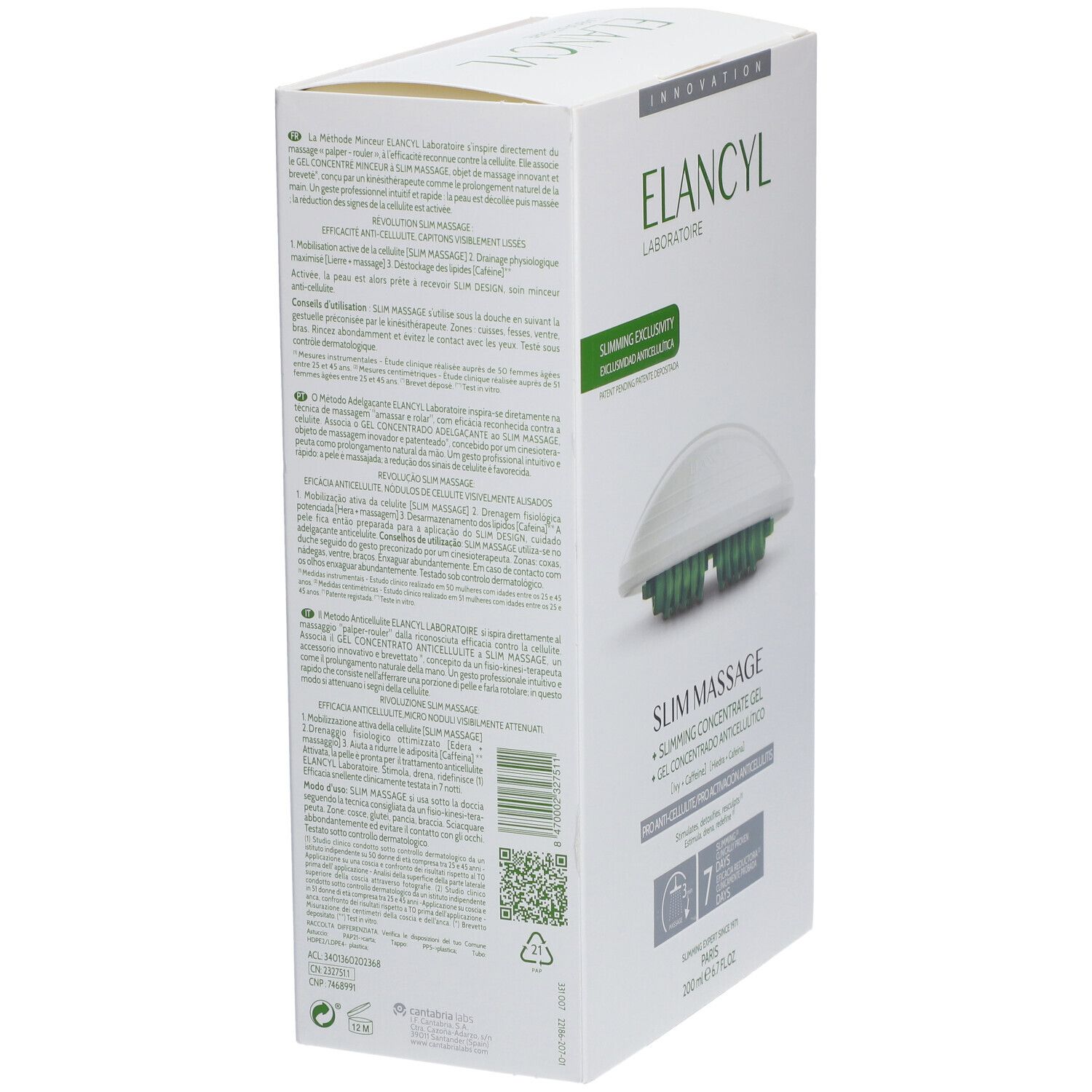 Vue latérale de la boîte ELANCYL Slim Massage Set. Informations textuelles et image du produit. Carton blanc avec accent vert.