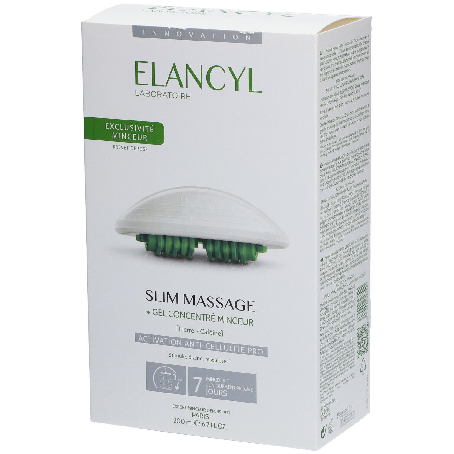 Boîte ELANCYL Slim Massage Set. Contient gel et gant de massage. Carton blanc avec nom du produit et logo.