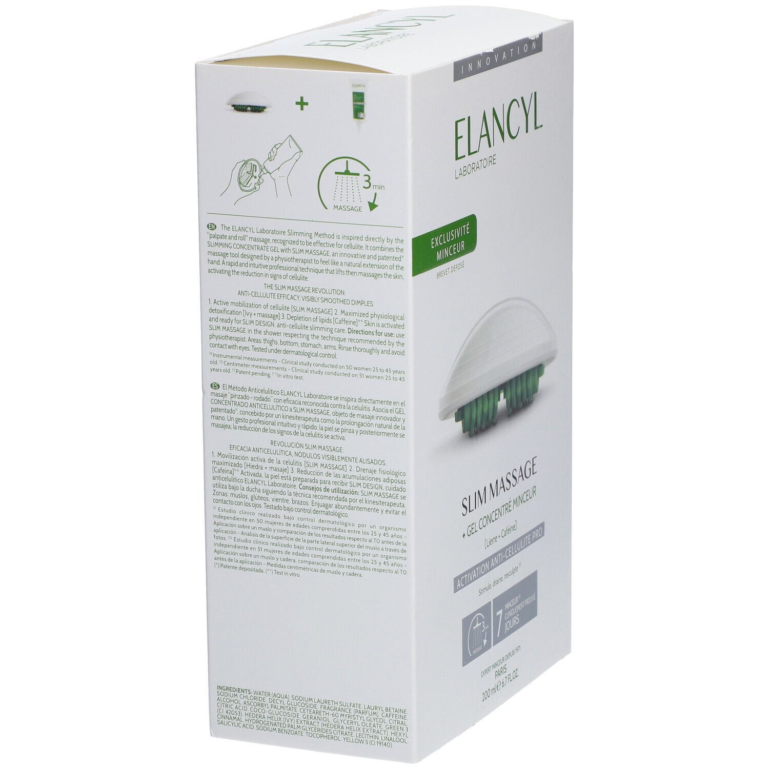 Vue latérale de la boîte ELANCYL Slim Massage Set. Informations textuelles et image du produit. Carton blanc avec accent vert.