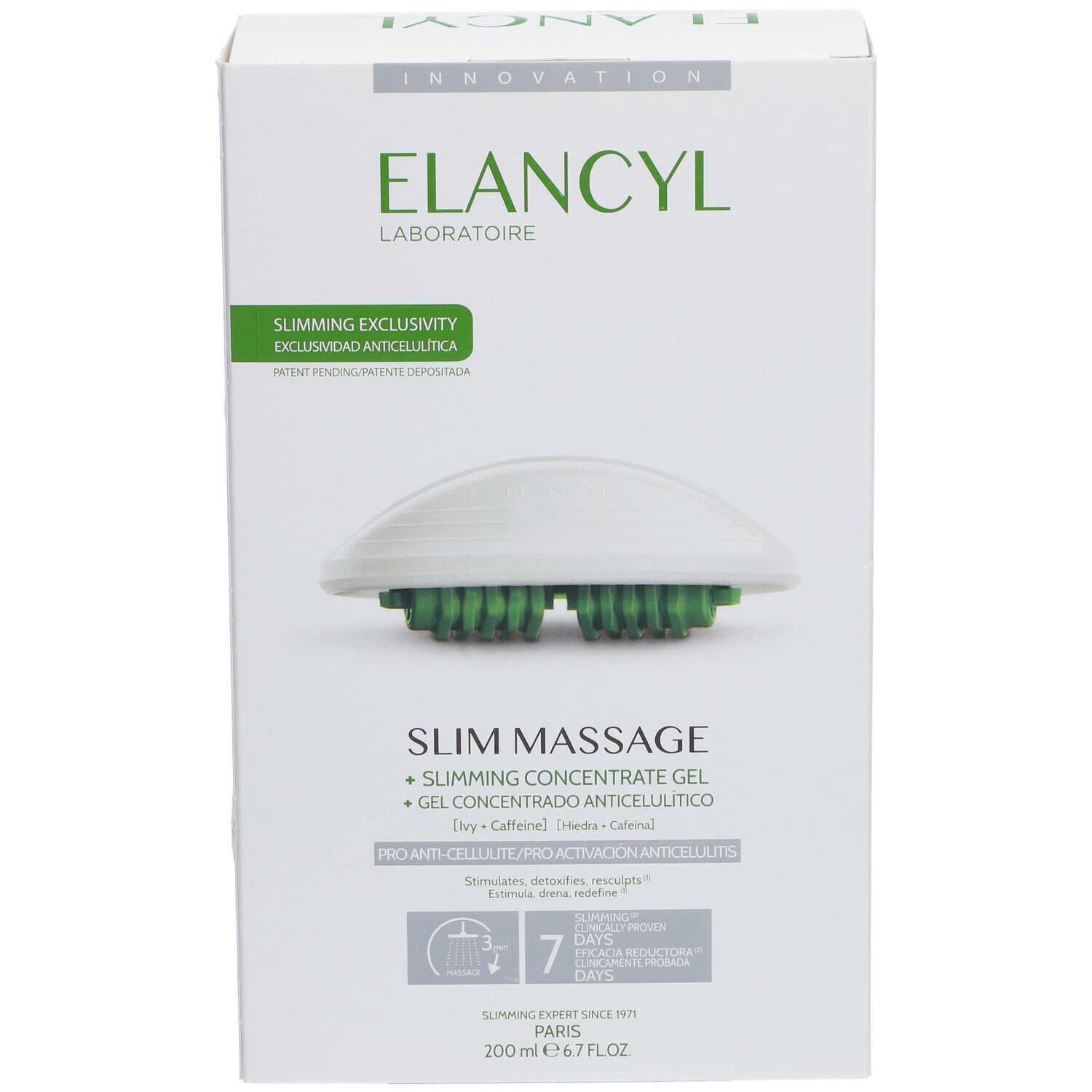 Boîte ELANCYL Slim Massage Set. Contient gel et gant de massage. Carton blanc avec nom du produit et logo.