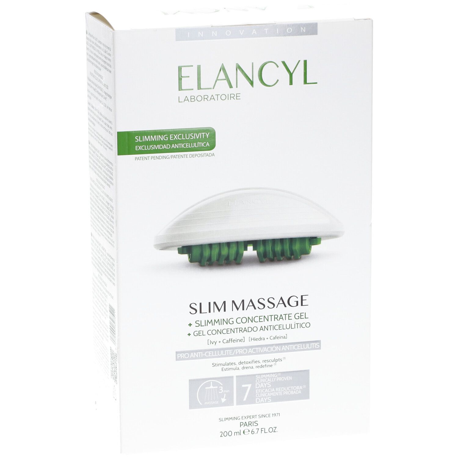 Boîte ELANCYL Slim Massage Set. Contient gel et gant de massage. Carton blanc avec nom du produit et logo.
