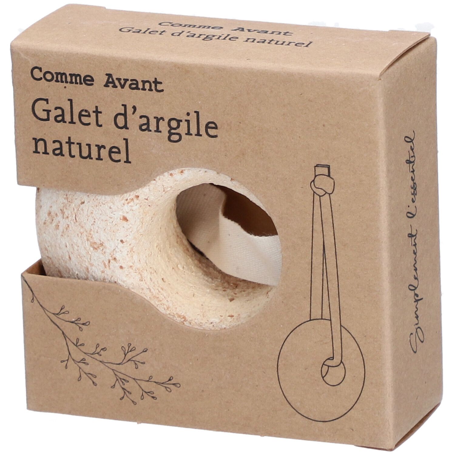 Product in kartonnen verpakking. Natuurlijke kleisteen met handvat. Tekst: Comme Avant, Galet d'argile naturel.