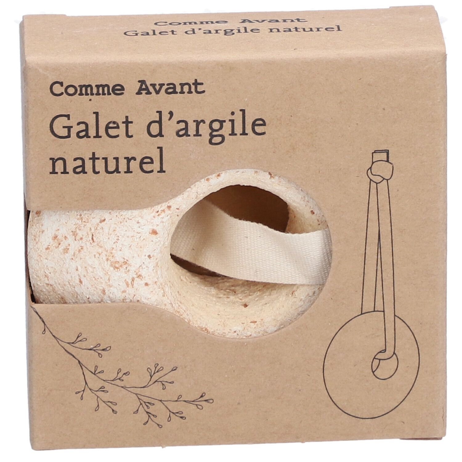 Product in kartonnen verpakking. Natuurlijke kleisteen met handvat. Tekst: Comme Avant, Galet d'argile naturel.